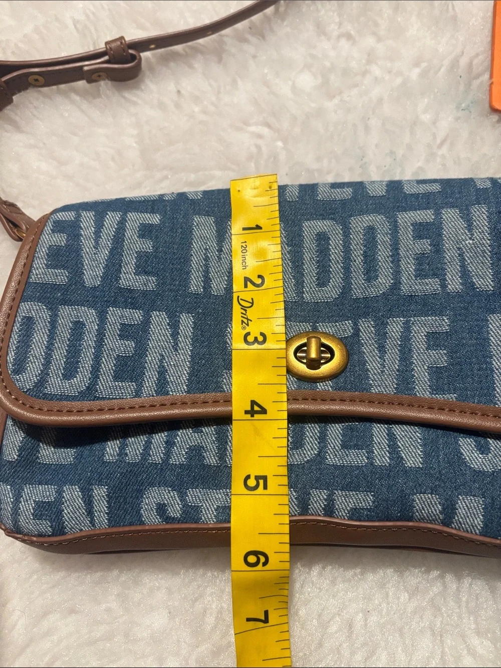 Steve Madden Blue Logo Denim Crossbody with Tan Trim and Orange Charm